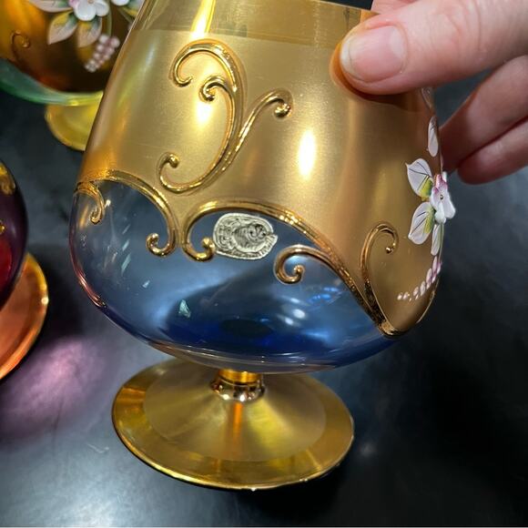Bohemian Czech Vintage Tre Fuochi Hand Painted Crystal Gold Gilt Brandy Snifter - Picture 11 of 16